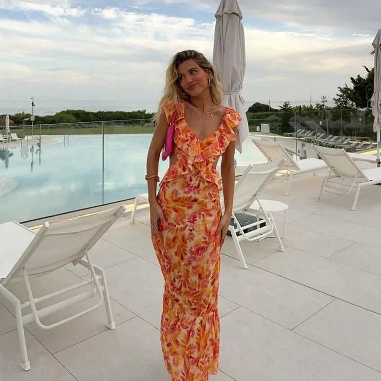 Women Dress | Sleeveless Fitted Maxi Length V Neckline Detail