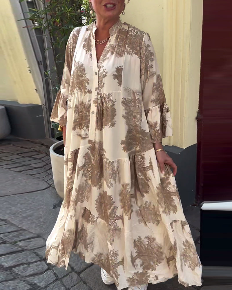 Women Maxi Dress | Stand-Up Collar Button Closure Long Sleeves Detail