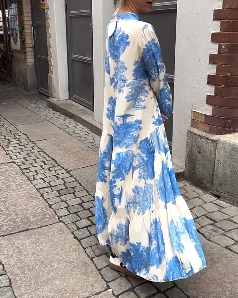 Women Maxi Dress | Stand-Up Collar Button Closure Long Sleeves Detail
