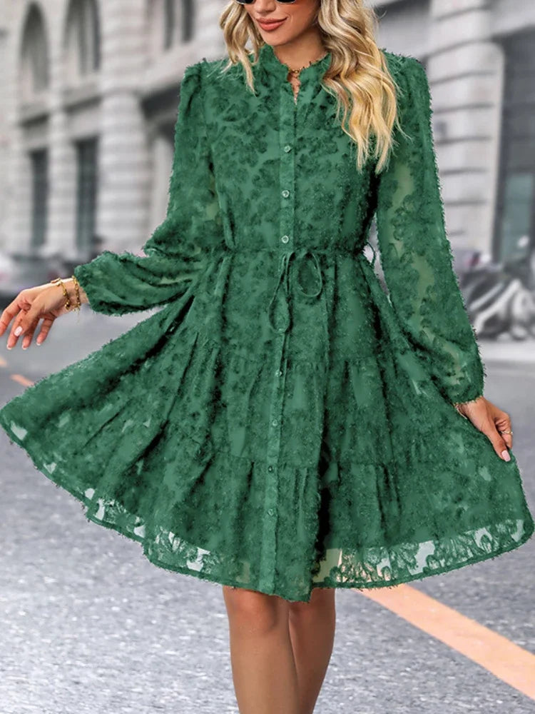 Women Mini dress | Long Sleeve Stand-up Collar Drawstring Waist