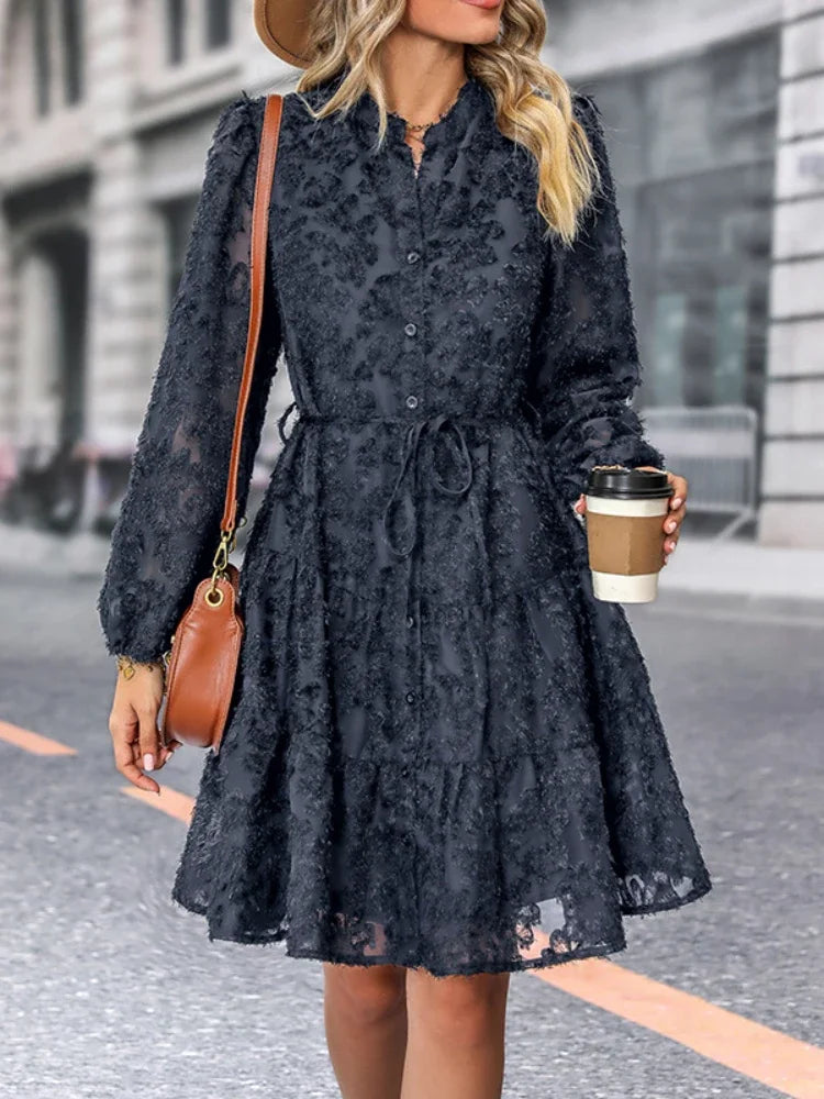 Women Mini dress | Long Sleeve Stand-up Collar Drawstring Waist
