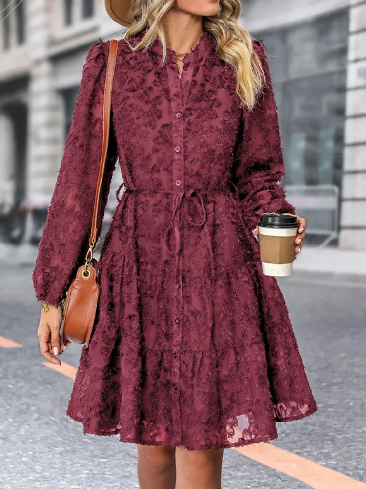 Women Mini dress | Long Sleeve Stand-up Collar Drawstring Waist