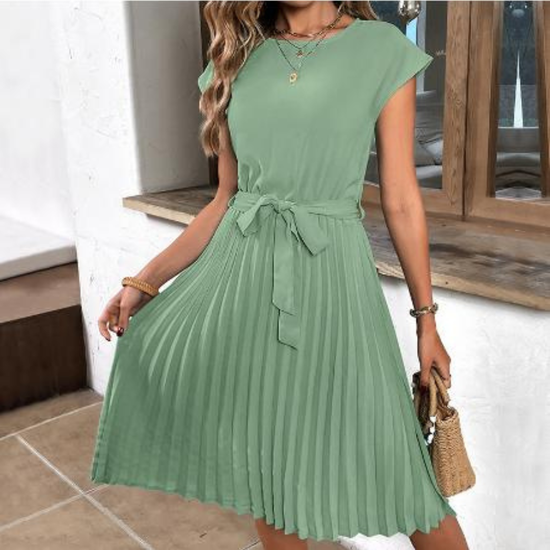 Women Midi Dress | Short-Sleeved Pleated Construction Design