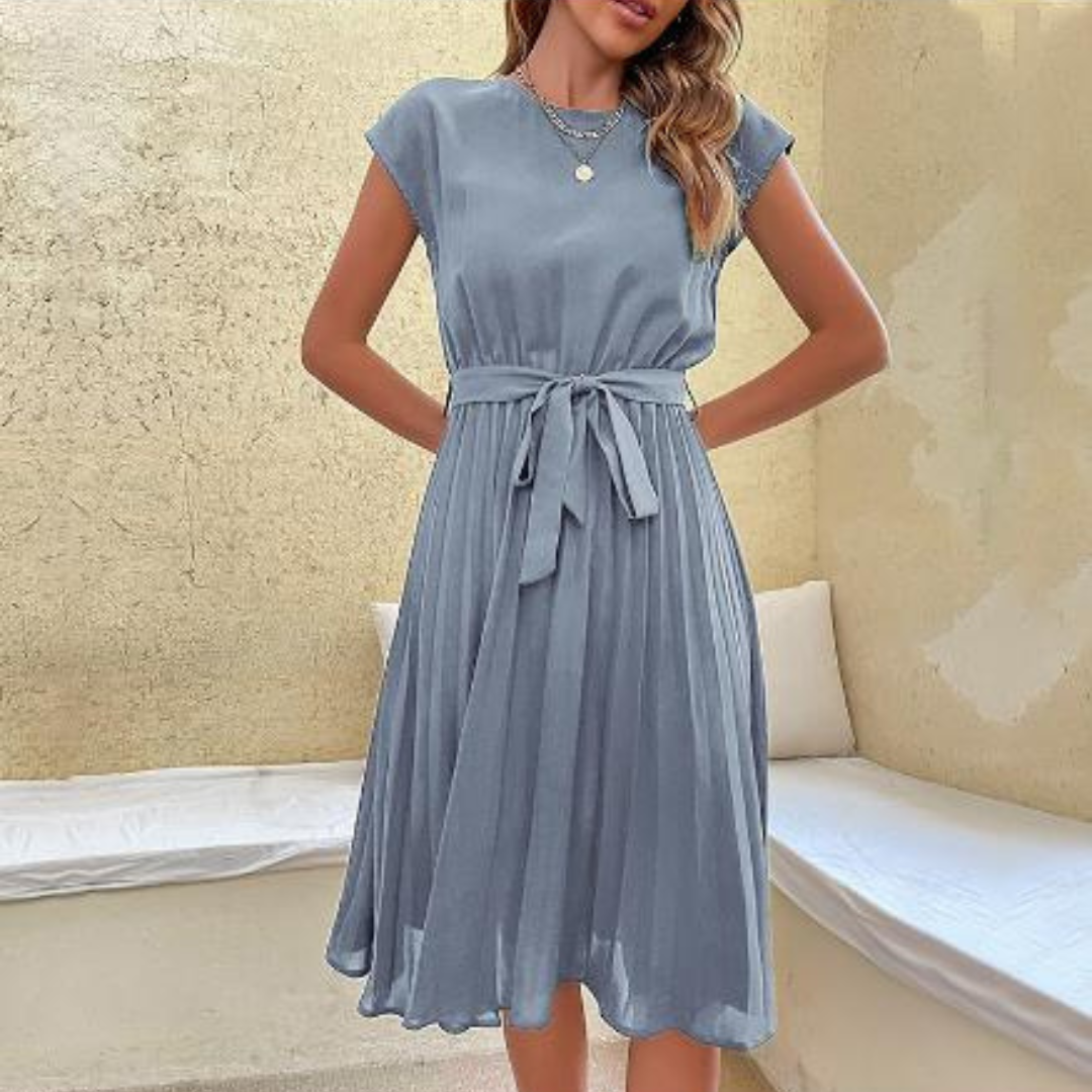 Women Pleated Midi Dress | Short-Sleeved Upper Arm Coverage Design