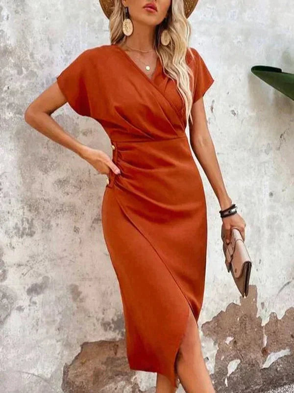 Women Midi Dress | V-Neck Short Sleeve Slit Feature