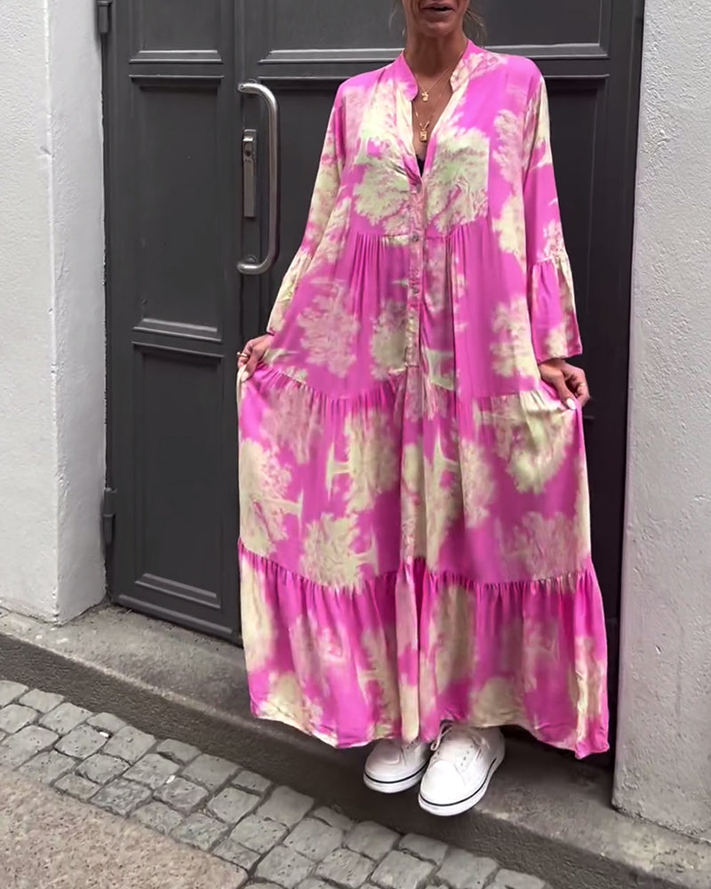 Women Maxi Dress | Stand-Up Collar Button Closure Long Sleeves Detail