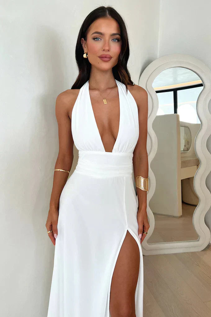 Women Maxi Dress | Halter Neckline With Leg Opening And Fitted Waist