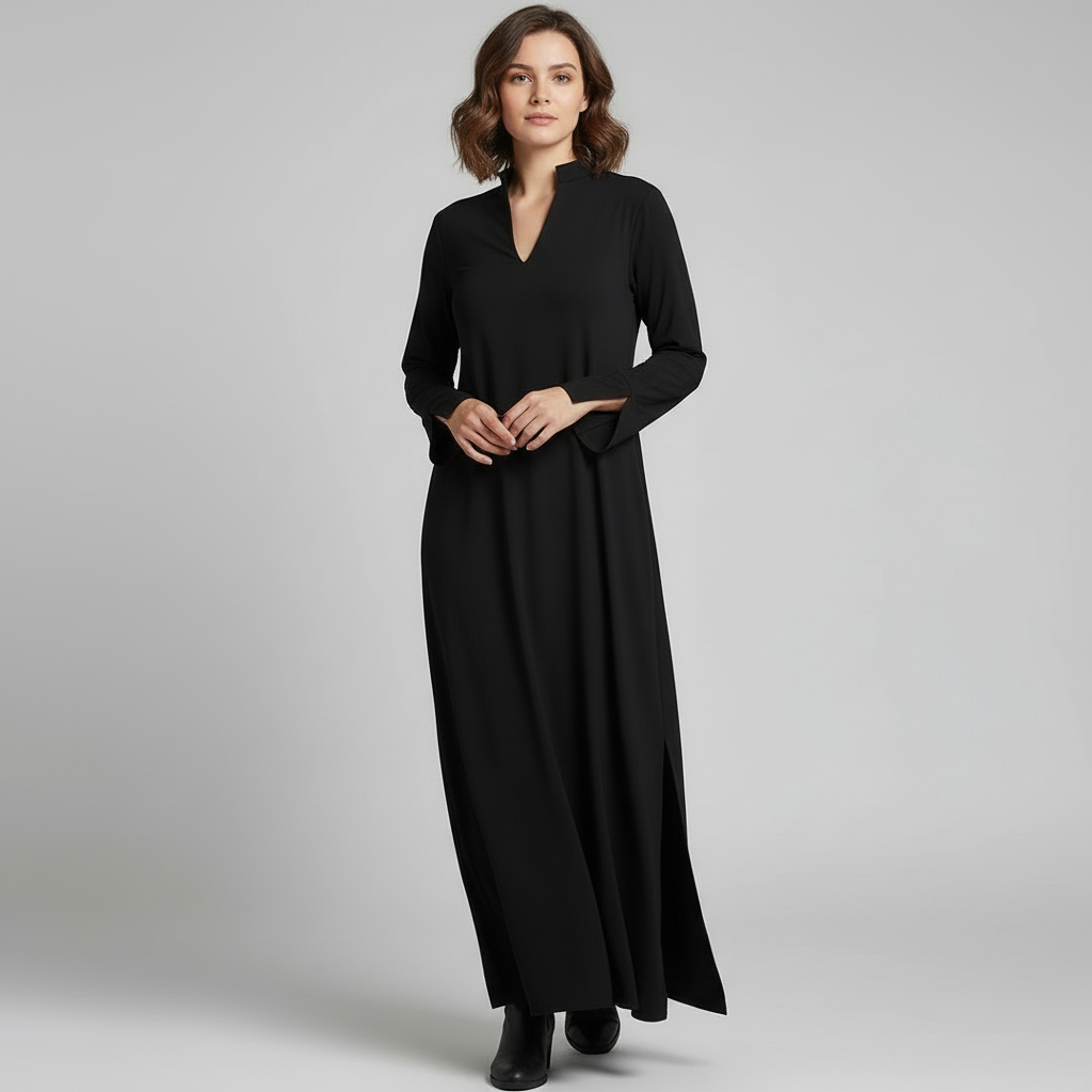 Women Dress | Long Length with Collar V-neck Sleeves Relaxed Fit