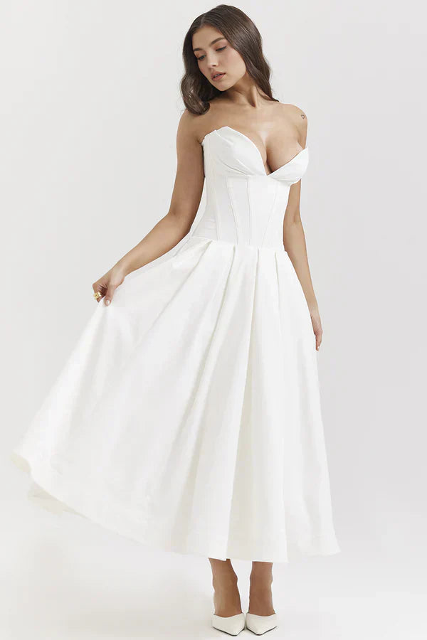 Women Midi Dress | Strapless Corset Bodice Sweetheart Neckline