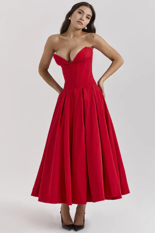 Women Midi Dress | Strapless Corset Bodice Sweetheart Neckline