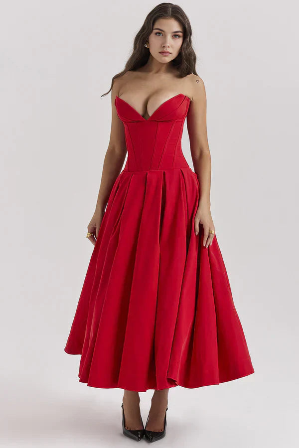 Women Midi Dress | Strapless Corset Bodice Sweetheart Neckline
