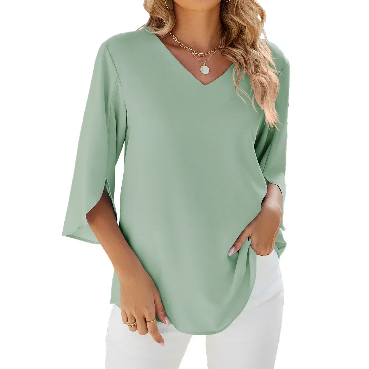 Women Blouse | Three Quarter Sleeve V Neck Top